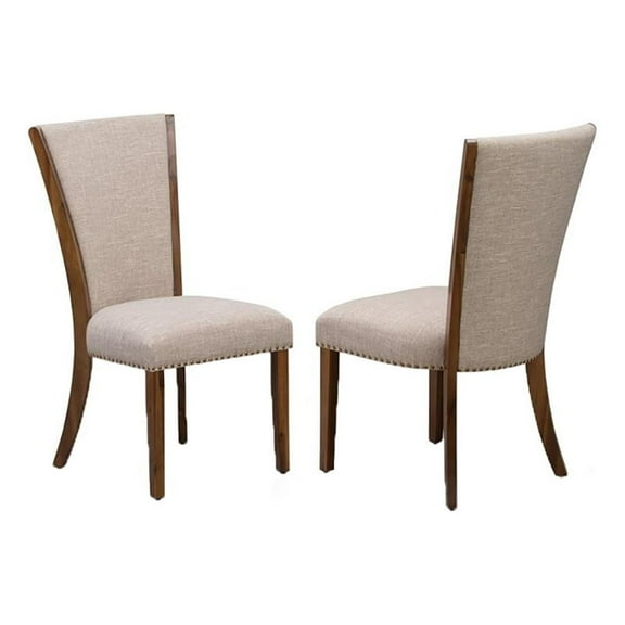 Pemberly Row 35" Traditional Fabric/Wood Dining Chair in Walnut/Tan (Set of 2)