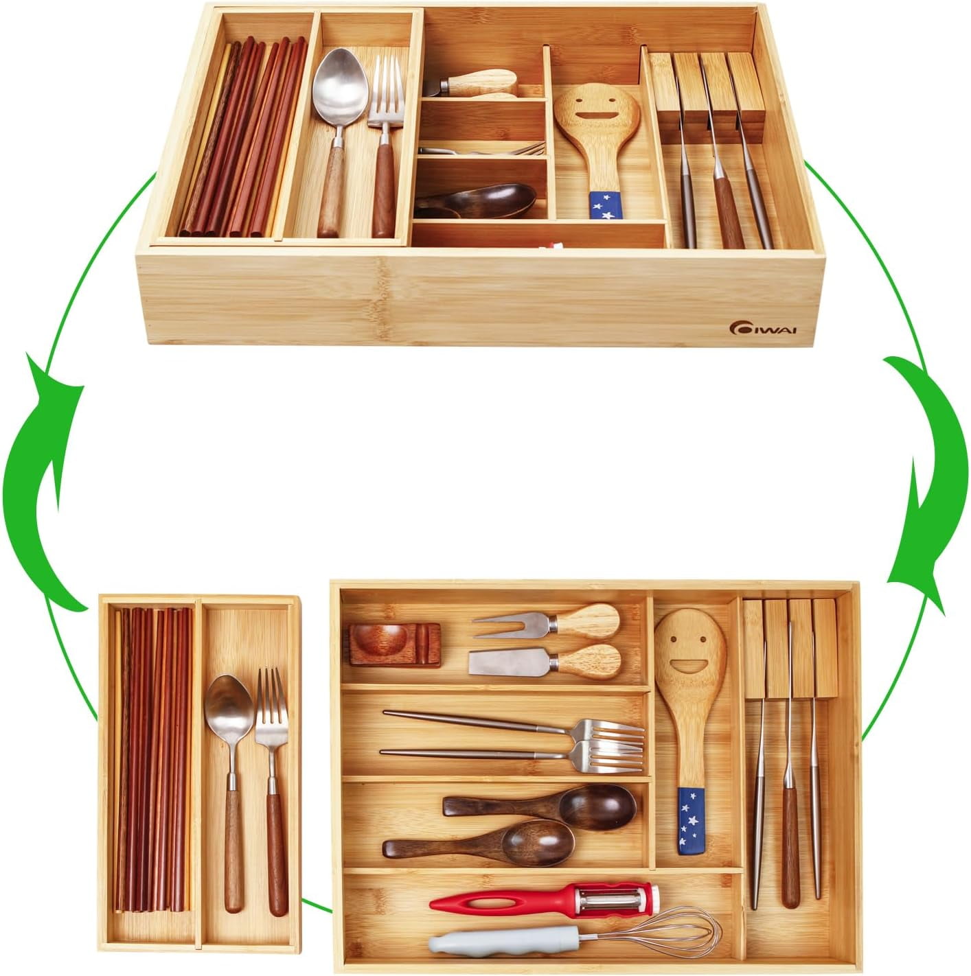 Double Layer  Kitchen Drawer Organizer with Slidable Utensil Tray & Knife Holder