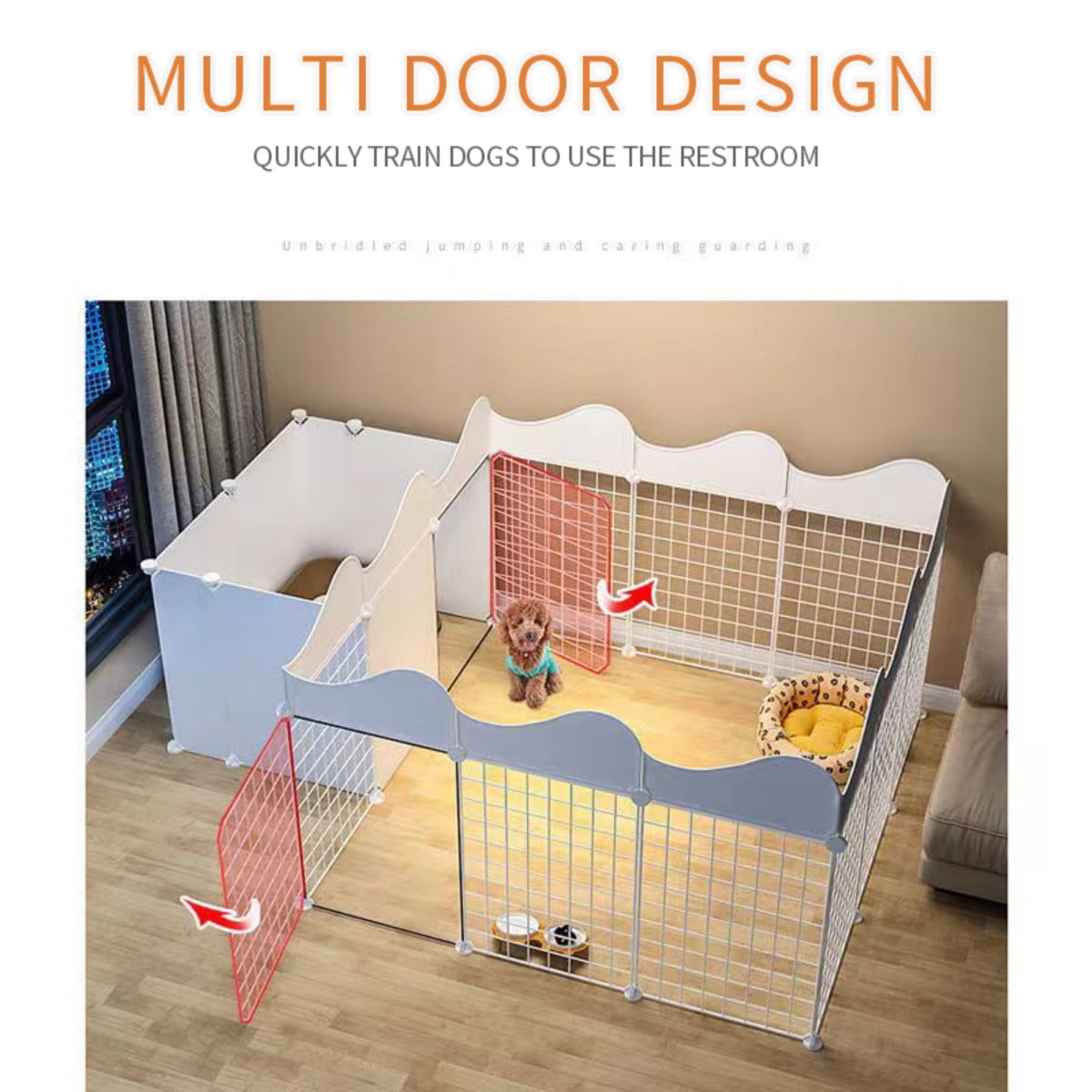 DIY Indoor Pet Playpen with Potty Area - Customizable Small Dog Fence & Exercise Pen, 18-Panel Metal & Resin Puppy Kennel with Doors, White (65" L x 44" W x 22" H)