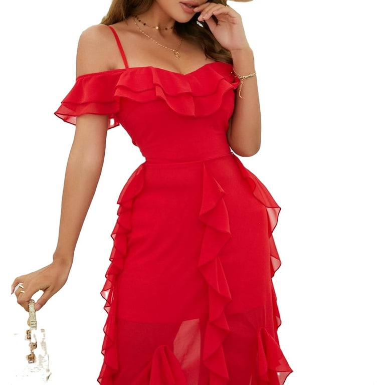 Red cold shoulder hotsell ruffle detail maxi dress