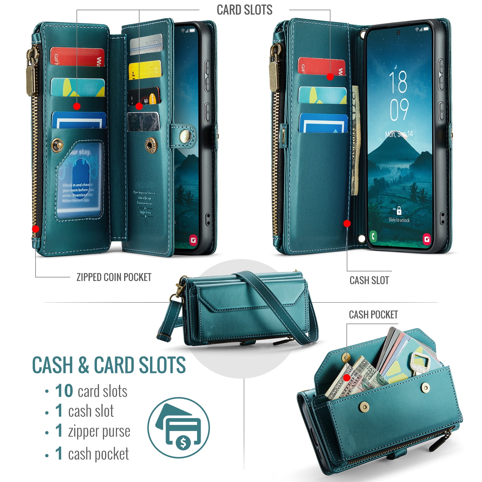 Compatible with Samsung Galaxy S25 Plus S25+ 5G Zipper Wallet Phone Case Tempered Glass Screen Protector Crossbody Lanyard Strap Flip Card Holder Slot Cell Cover for S25Plus 25S + S 25 Women Green