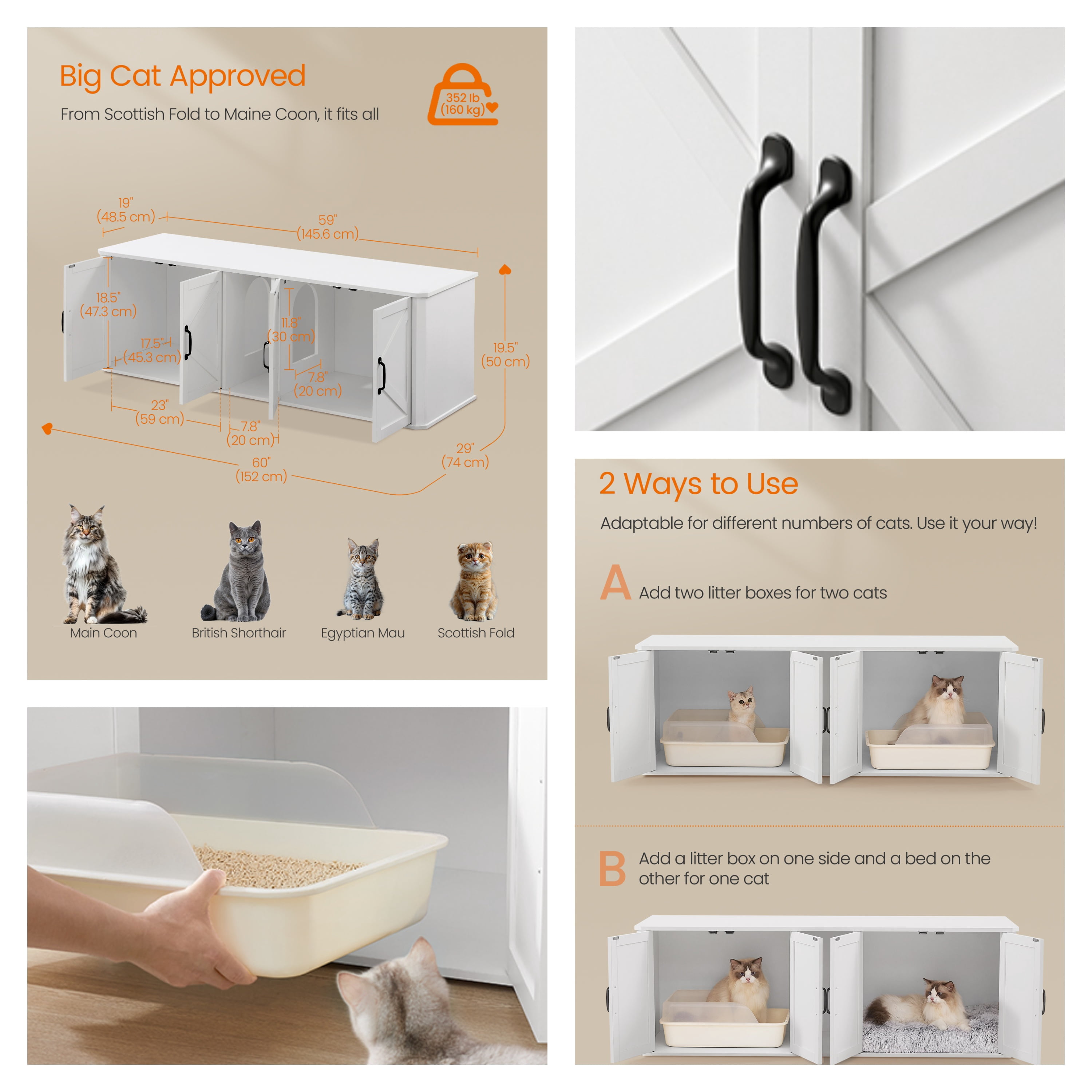 LEDREM Double Cat Litter Box Enclosure for 2 Cats, Hidden Litter Box Furniture with Front Entry, Side End Table & TV Stand, 59 x 19.5 x 20 Inches, Cloud White