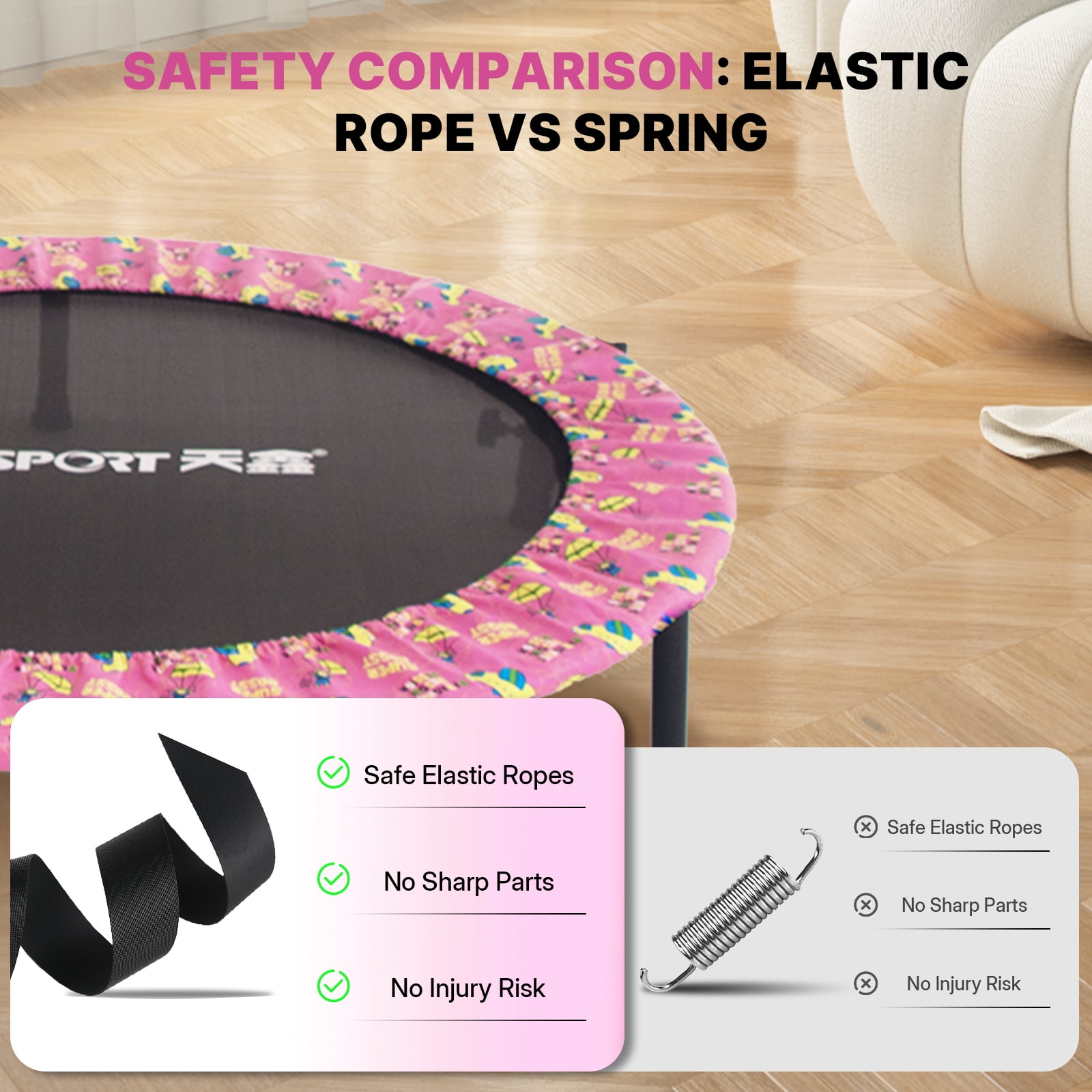 36 Inch Fitness Trampoline with HA-Type Handlebar – Quiet Mini Trampoline with Silent Elastic Ropes, 10-Minute Fat Burning Cardio Workout at Home, Easy Assembly, Pink