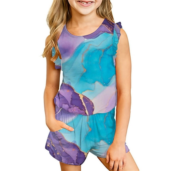 Odeerbi Toddler Two-piece Set Kids Girls Summer Outfits Tank Tops Flower Print Comfortable Cotton T-shirt Sleeveless Top Shorts Set Purple