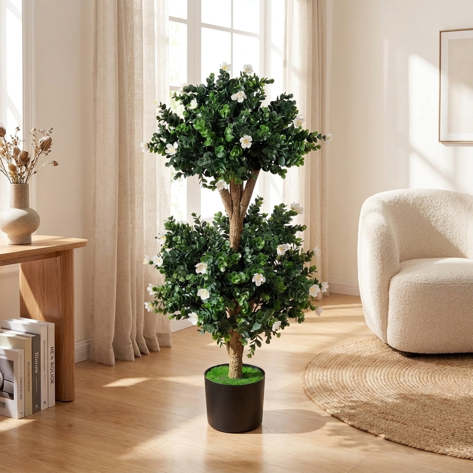 Vebreda Artificial Plant Decor, 2 Pack 36" Artificial Double Ball Boxwood Topiary Tree with 41 Blossoms, Vivid and Lifelike Boxwood Tree