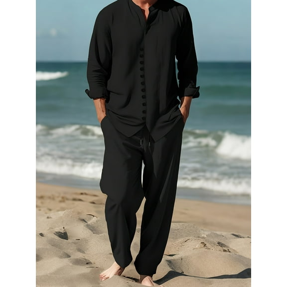 Men 2 Piece Linen Sets 2025 Button Down Shirt and Drawstring Long Pants Set Summer Outfits Black 3XL