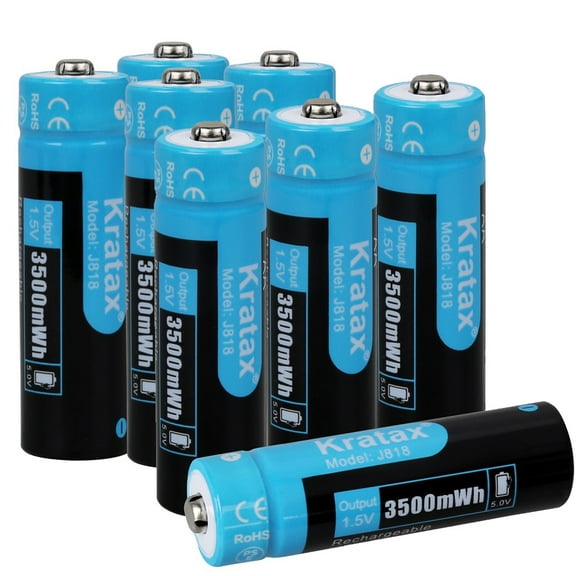 Kratax 1.5v Rechargeable AA Lithium Batteries 8-Pack, 3500mWh, 2h Fast Charge, 1500 Cycles