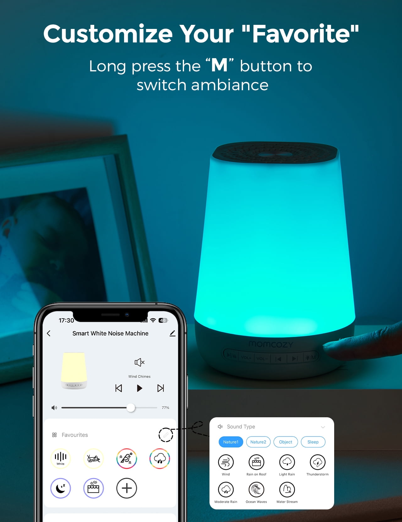 Momcozy White Noise Machine for Baby Sleeping with Night Light, Toddler Sleep Trainer with 34 Soothing Sounds, Timer, App Remote Control(Green)
