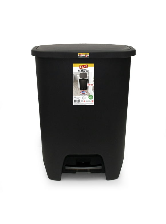 Glad XL Trash Can, Plastic Step-on Kitchen Trash Can, with Clorox Odor Defense, Black
