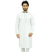 Atasi Men's White Kurta Pyjama Set Long Cotton Tunic Shirt Ethnic Wear-Small