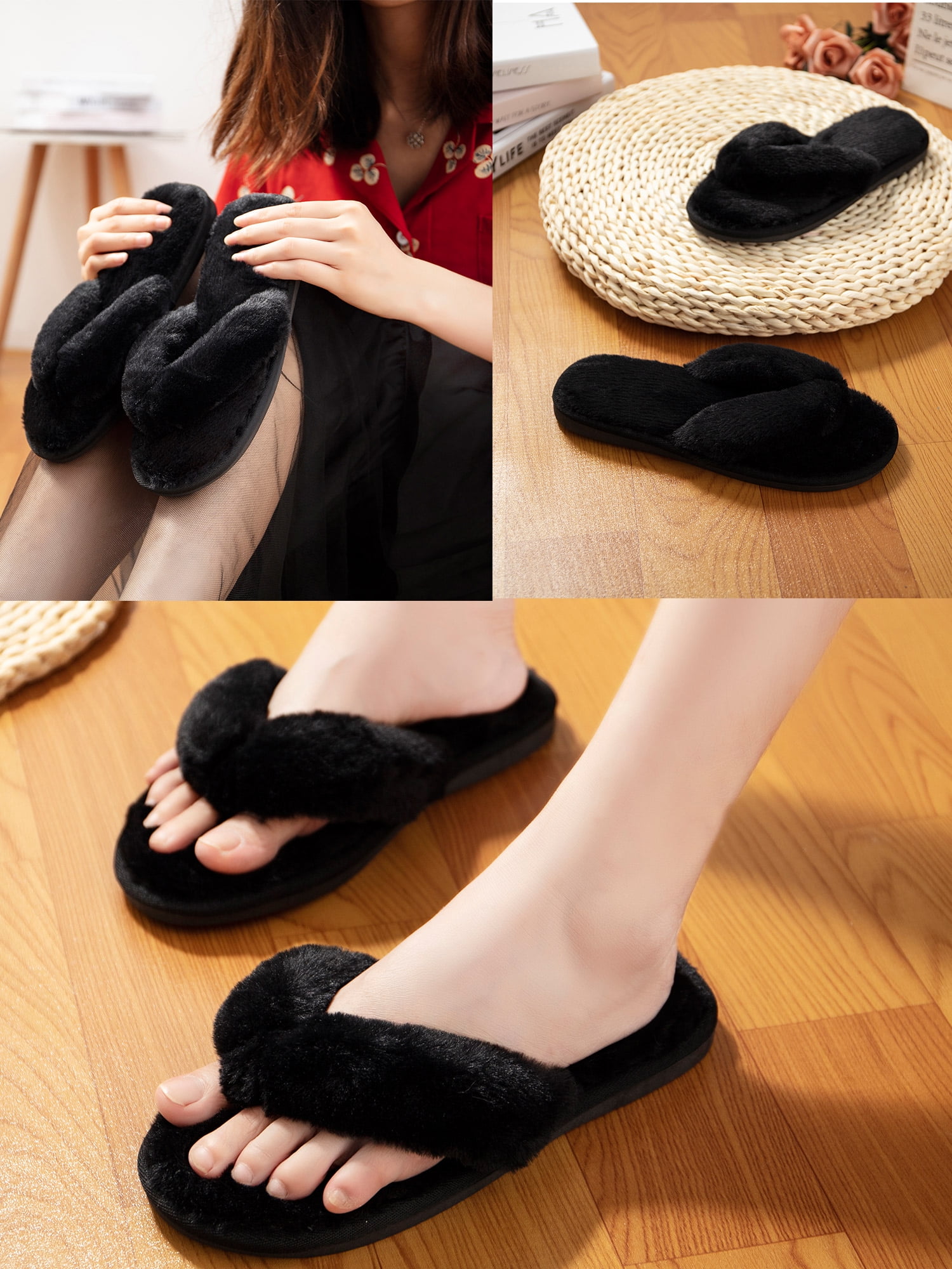 Fur Flip flop Women Slides Warm and Cozy Home Slipper with Flower Outside Flat 