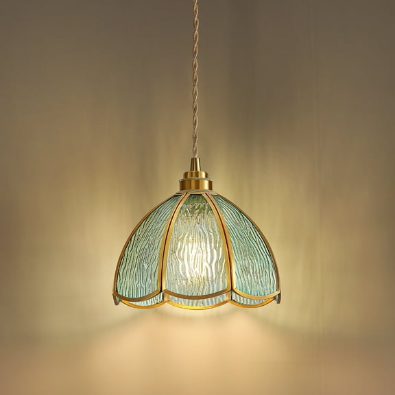 KAISITE Vintage Refined Pendant Lights with Blue-Green Glass Petal Shade Brass Finish