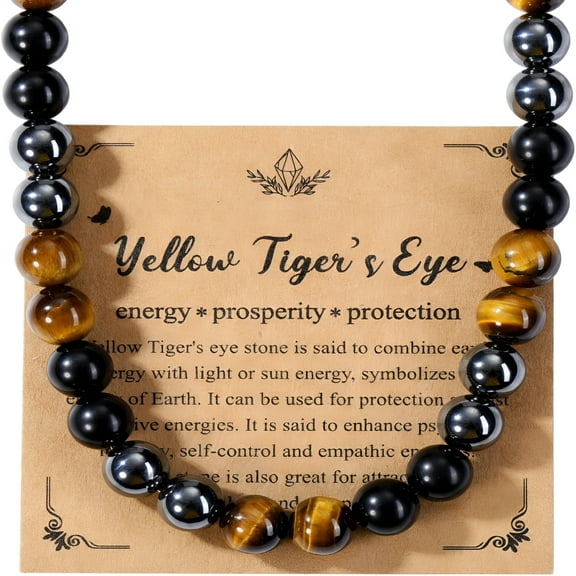 DESIGNICE Mens Healing Crystal Black Obsidian Tigers Eye Hematite Beaded Necklace Jewelry Gifts for Men Stress Relief, Balance