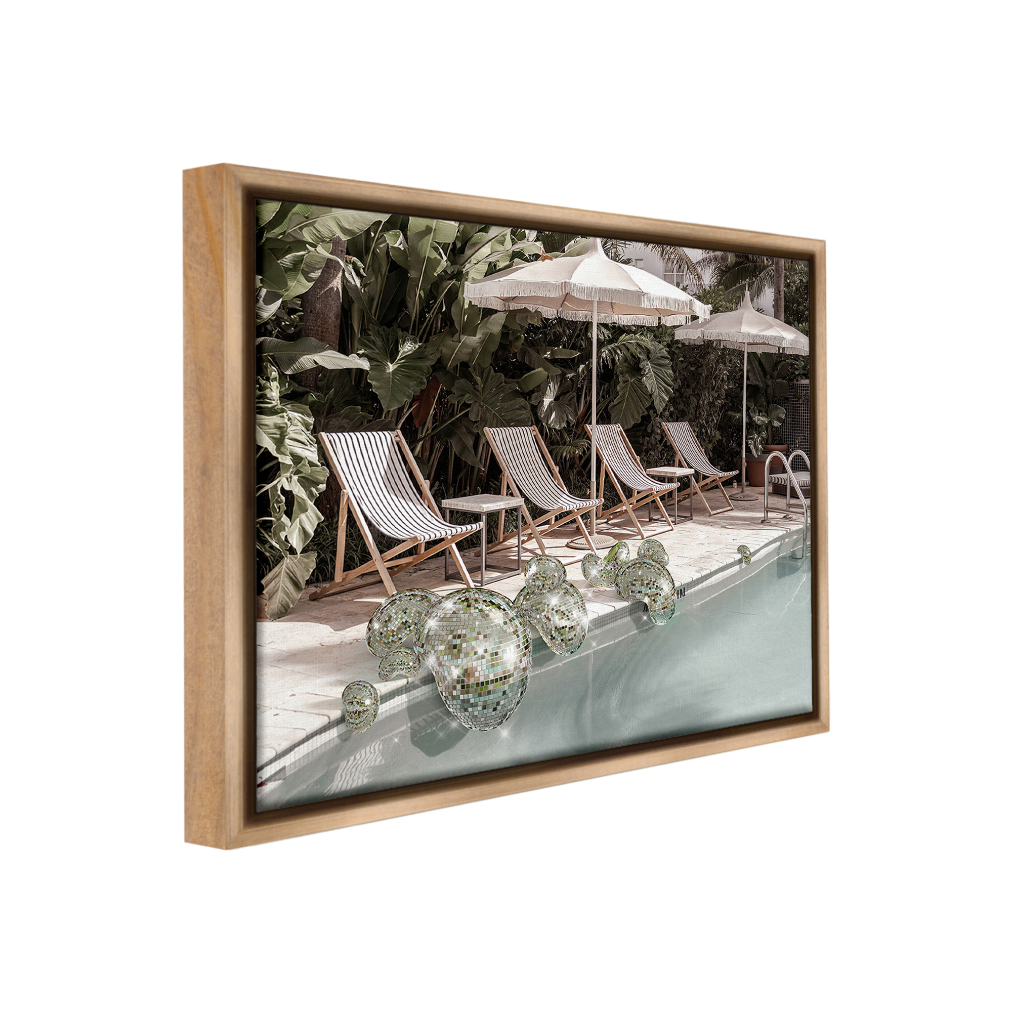 Stupell Industries Disco Balls at Pool Nature Painting Brown Floater Framed Canvas Art Print Wall Art, 31 x 25