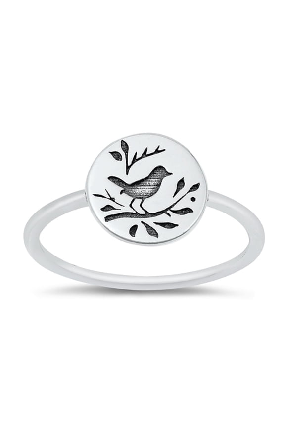 Sterling Silver Round Engraved Songbird Ring Size 10
