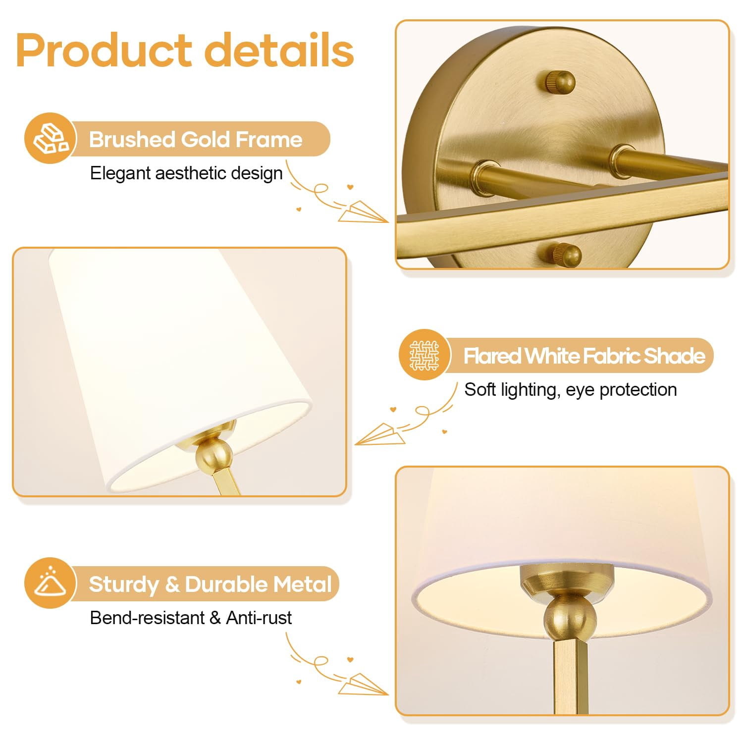 Bathroom Light Fixtures  2-light Brushed Gold Vanity Lights Lighting Over Mirror With Flared White Fabric Shade Modern Wall Sconces For Living Room Hallway