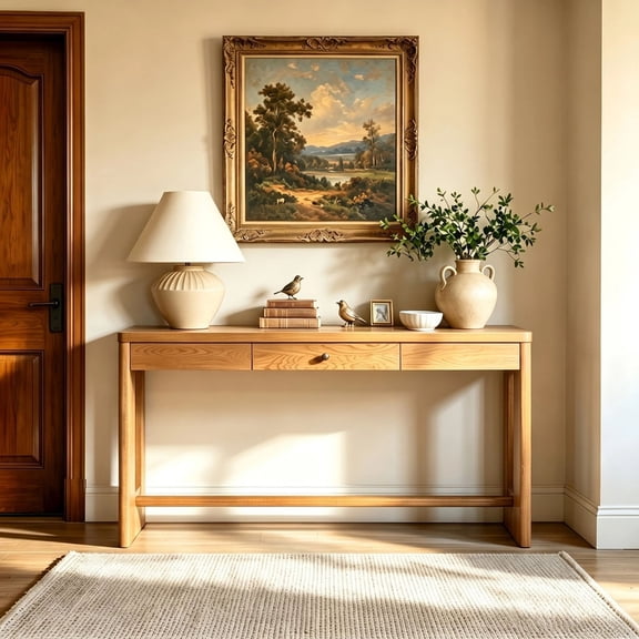 Euroco 59.8" Wood Console Table with Drawer,Modern Narrow Entryway Table with Oval Cutout Leg for Living Room, Foyer,Sofa Table Behind Couch,Natural