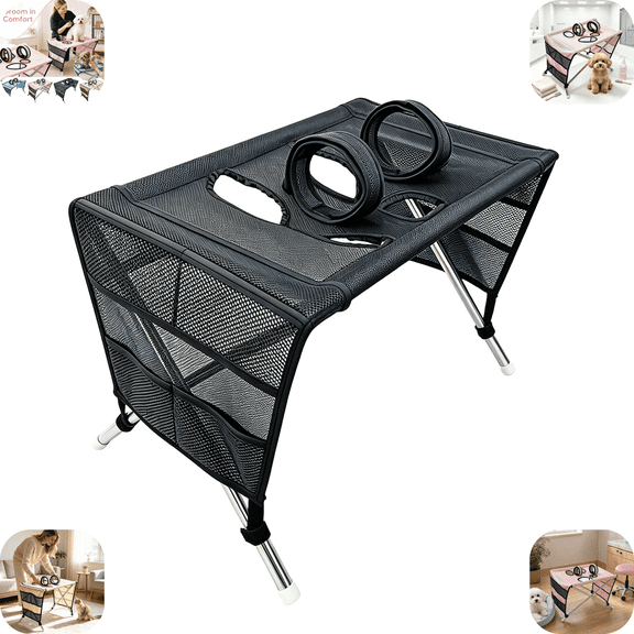 Foldable Pet Grooming Table, Stainless Steel Frame Dog Grooming Desk with Fixing Loops, Indoor Household, Pet Grooming & Hair Cutting Workstation Black