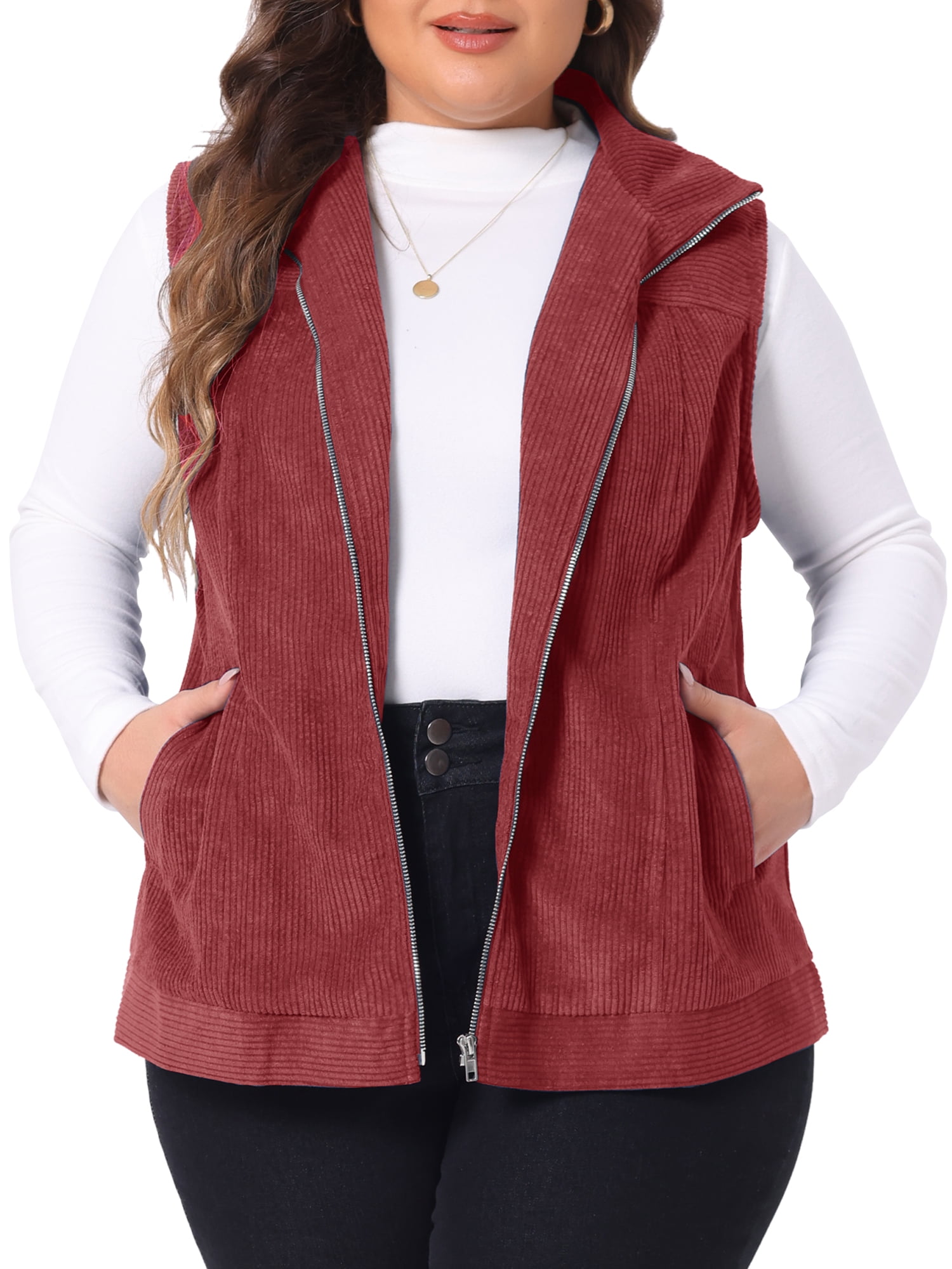 DARING DIVA Women's Plus Size Sleeveless Zipper Side Pocket Corduroy Vests 2X Burgundy