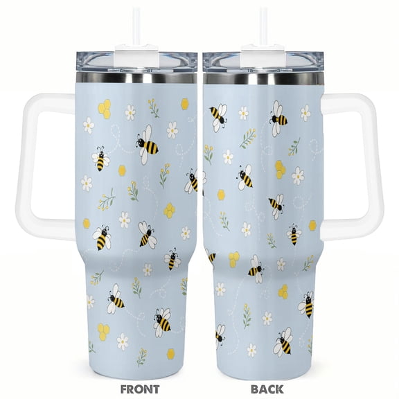 40oz Cute Bee Daisy Travel Tumbler with Handle and Straw Lid Blue Honeycomb Insulated Car Coffee Cup Gift for Women