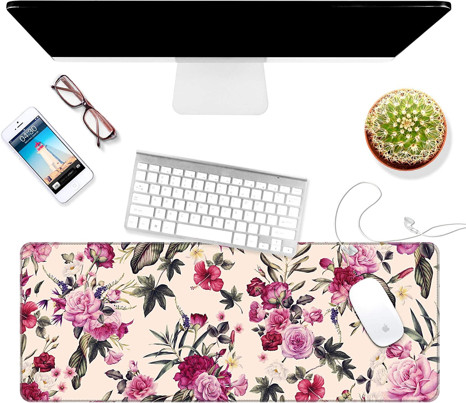 Thin Extended Gaming Mouse Pad （31.5 * 11.8 * 0.08 inch） with Stitched Edges Large Mousepad Long XXL Keyboard and Mouse pad Desk Mat for Gaming Office & Home - Vintage Pink Flowers
