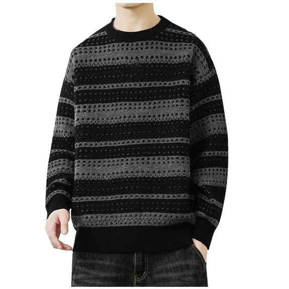 Wyobmus Mens Long Sleeve Sweaters Fashion Black Grey Striped Cable Knit Pullover Casual Crew Neck Jumper Tops Dark Gray