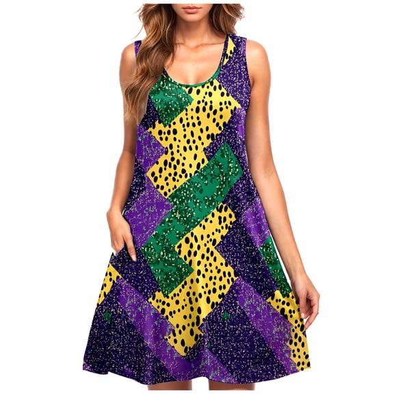 asdoklhq Sequined Dresses for Women Black Sequin Dress Carnival Women Casual Large Size Sleeveless Crew Neck Short Dress Yellow L