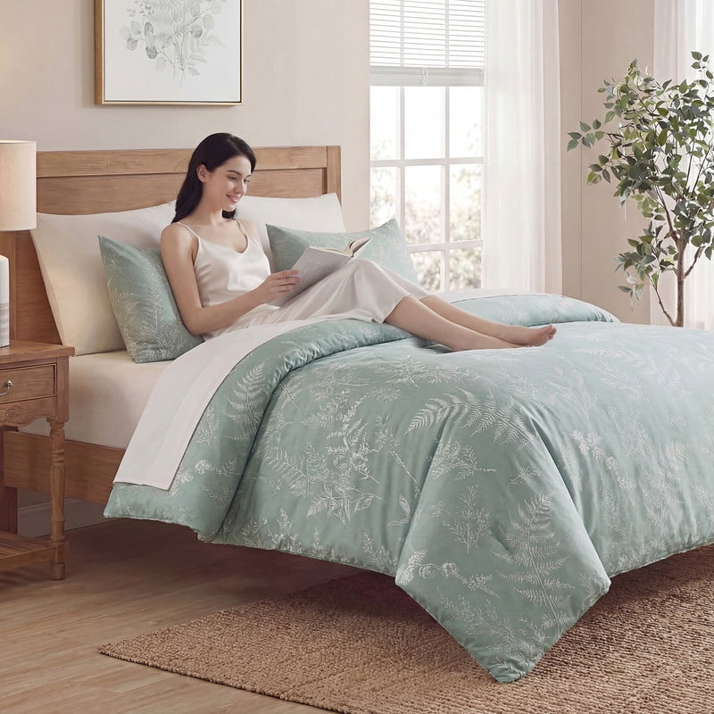100% Cotton Floral Duvet Cover Set Queen Size, Green Branches Botanical Bedding, 3 Pcs with Zipper Closure & Corner Ties, Soft Breathable Duvet Cover for All Seasons