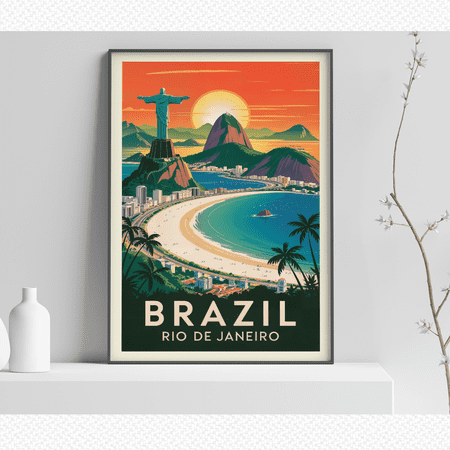 Brazil Rio De Janeiro Vintage Travel Poster, Christ The Redeemer Wall Art, 8x12 Poster Print