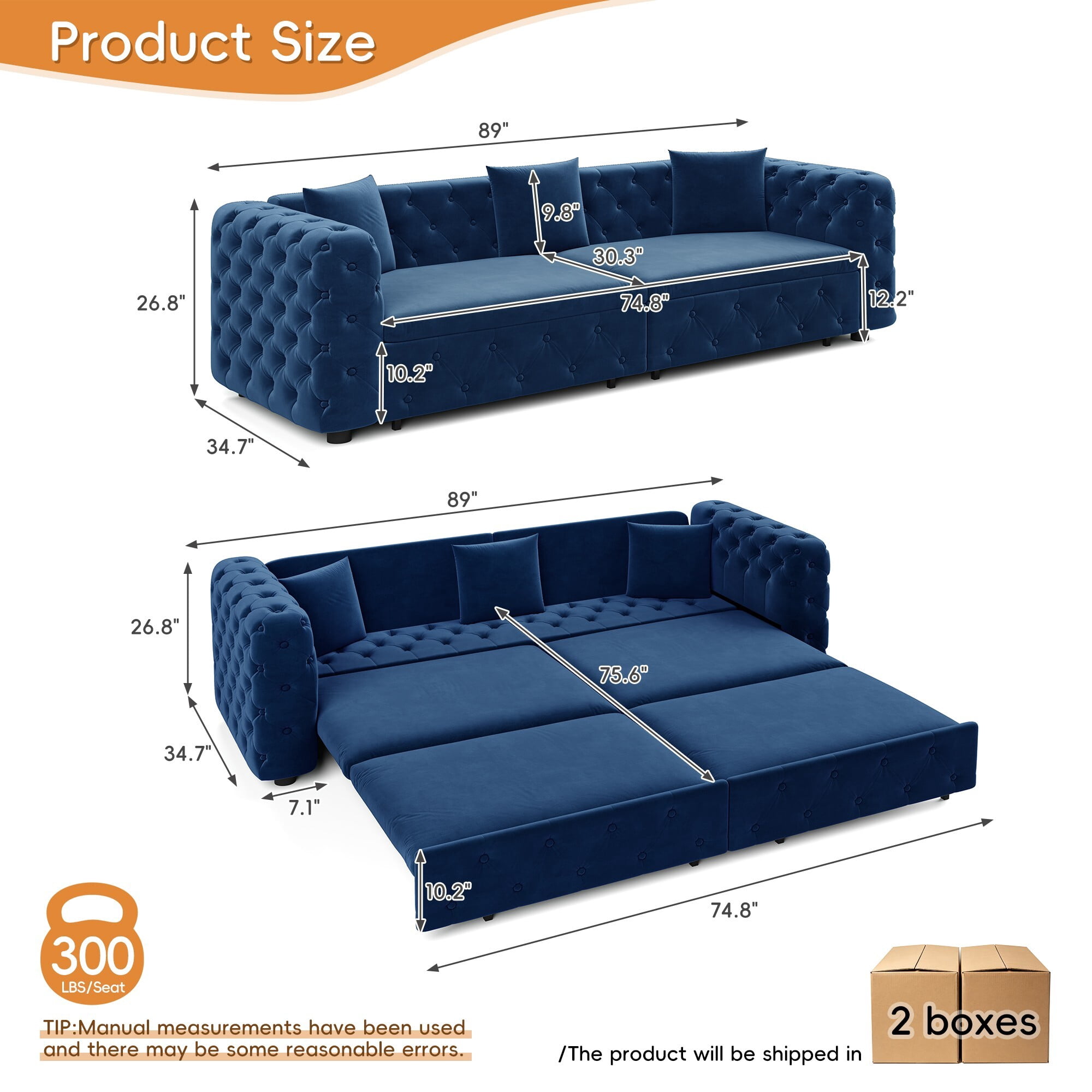 DEALTOPS 89 Inch Chesterfield Tufted Velvet 3 in 1 Pull Out Sofa Bed, 4 Seater Tuxedo Living Room Couch, Blue