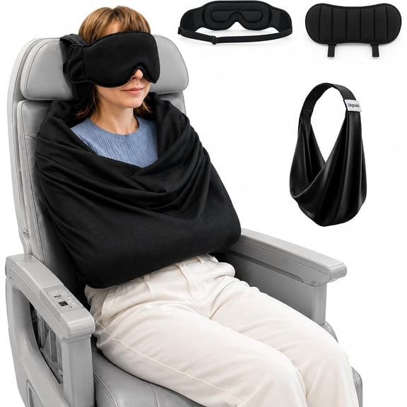 Avernio 3-in-1 Travel Pillow with Eye Mask & Sleep Support Strap, Ergonomic Airplane Sleep System for Neck Comfort, M Size