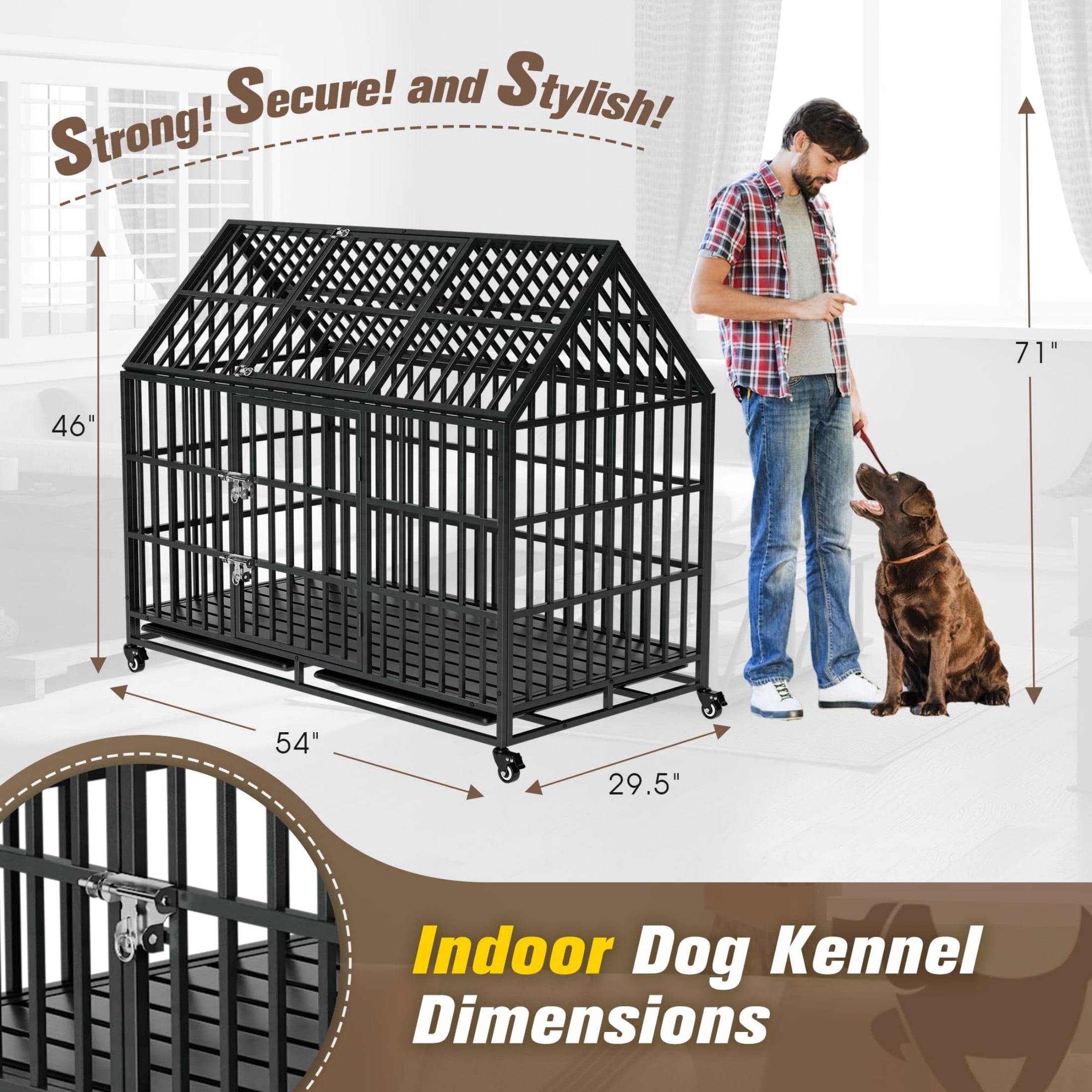 Indestructible Dog Crate with Divider – 54 Inch Heavy Duty Indoor Dog Kennel for Large Dogs, Steel XL Dog Cage with Double Door, Wheels & Removable Tray, Black