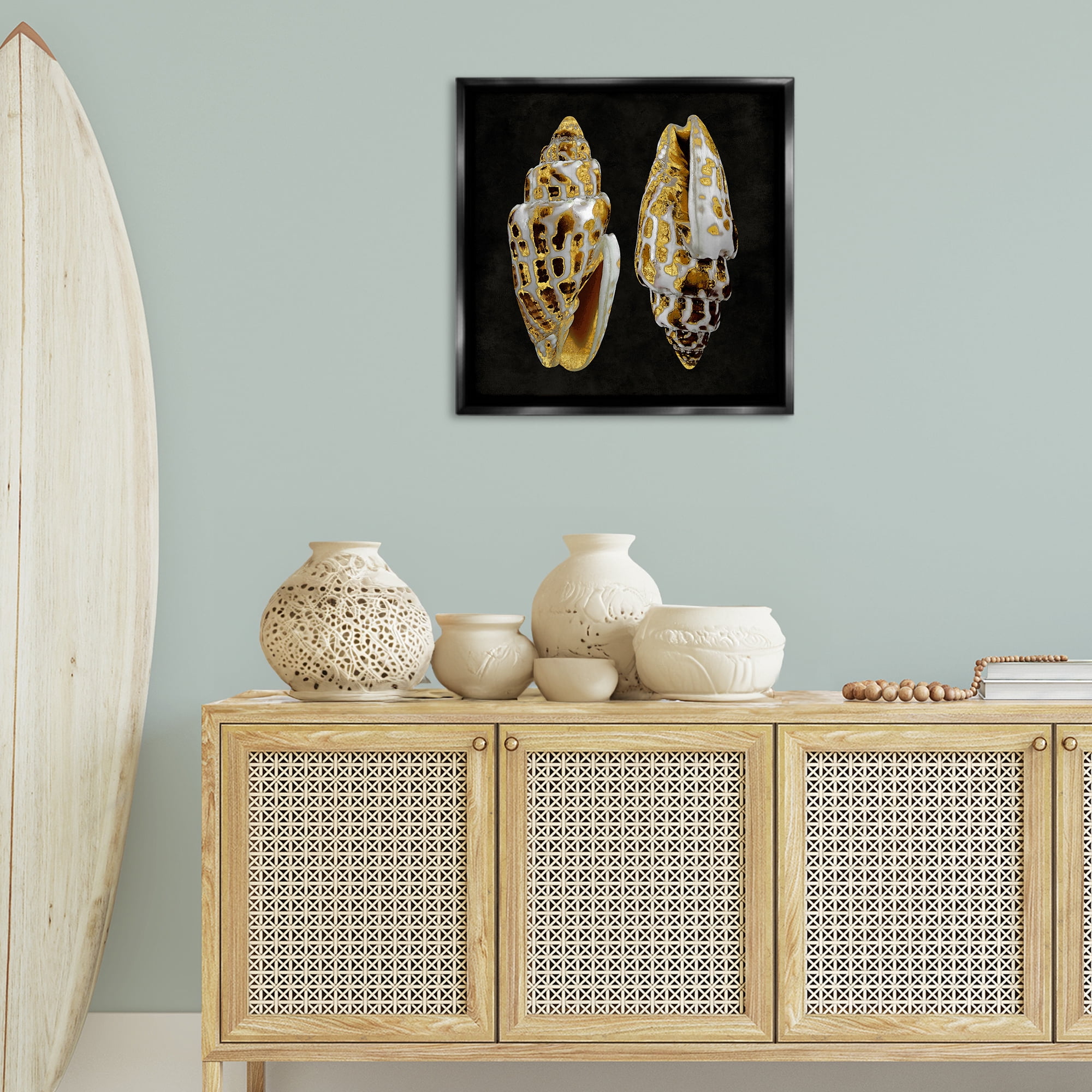 Stupell Industries Spotted Cowrie Shells Nautical & Beach Painting Black Floater Framed Canvas Art Print Wall Art, 25 x 25