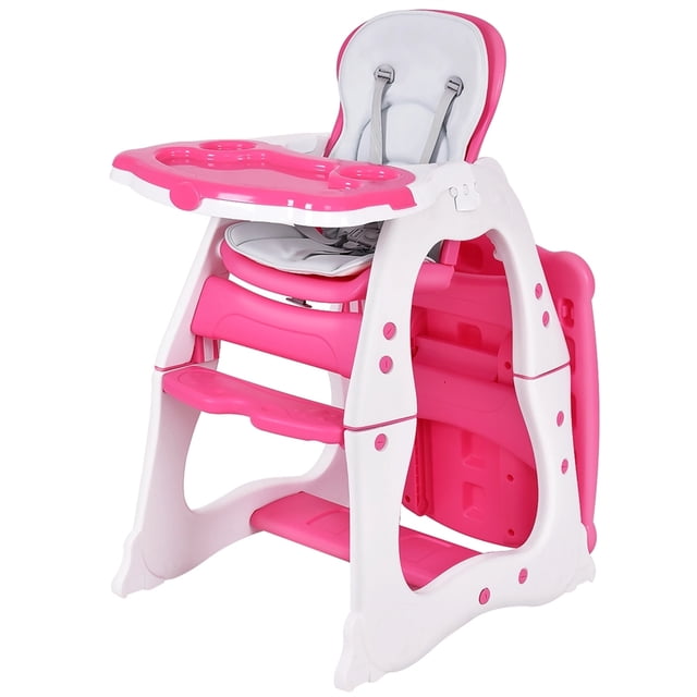 Trona 3 en 1 Costway Set Silla y Mesa Convertibles Rosa 54 x 67 x 101 cm