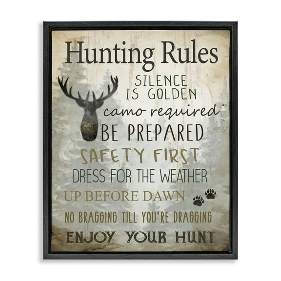 Stupell Industries Rustic Hunting Rules Animals Painting Black Floater Framed Canvas Art Print Wall Art, 17 x 21