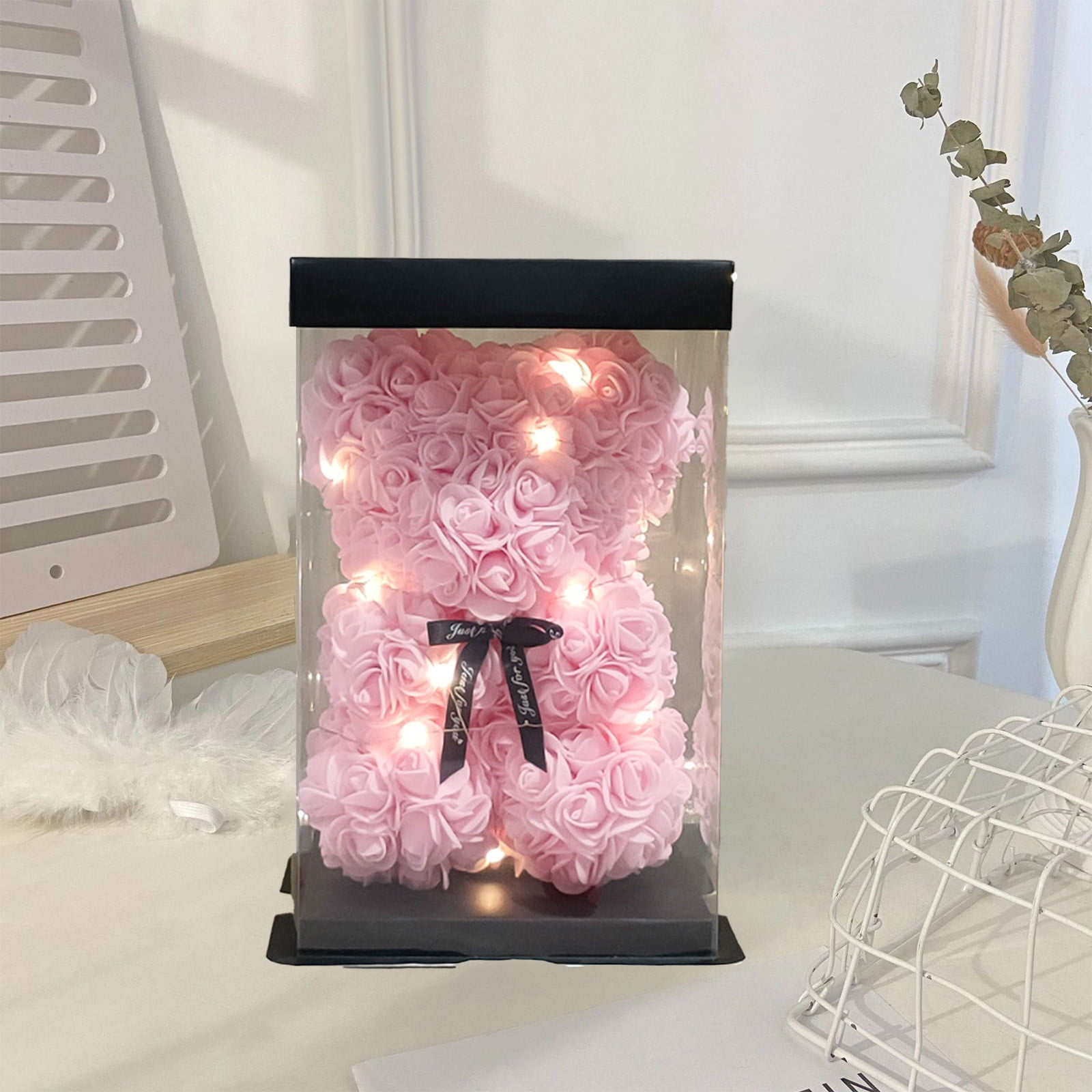 Lksixu Rose Flower Bear, Valentine's Gifts for Her Artificial Rose Flowers Teddy Bear with Lights and Box, Romantic Handmade Foam Flowers Bear Statues for Christmas Birthday Valentine's Day