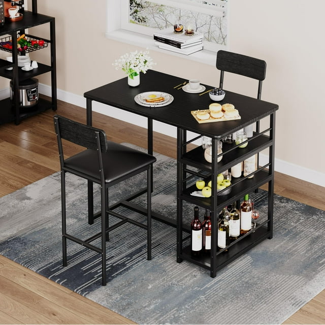 Dining Table Set for 2, Kitchen Table and Chairs with Wine Rack, Metal Frame Modern Bar Table Set with 2 Chairs, Rectangular Kitchen Table Set for Small Space, Apartment
