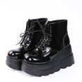 thumbnail image 4 of CEHVOM Chaussures pour Femmes Mode Bout Rond Talon Compensé Bas Lacets Cuir Verni Bottes Brillantes, 4 of 9