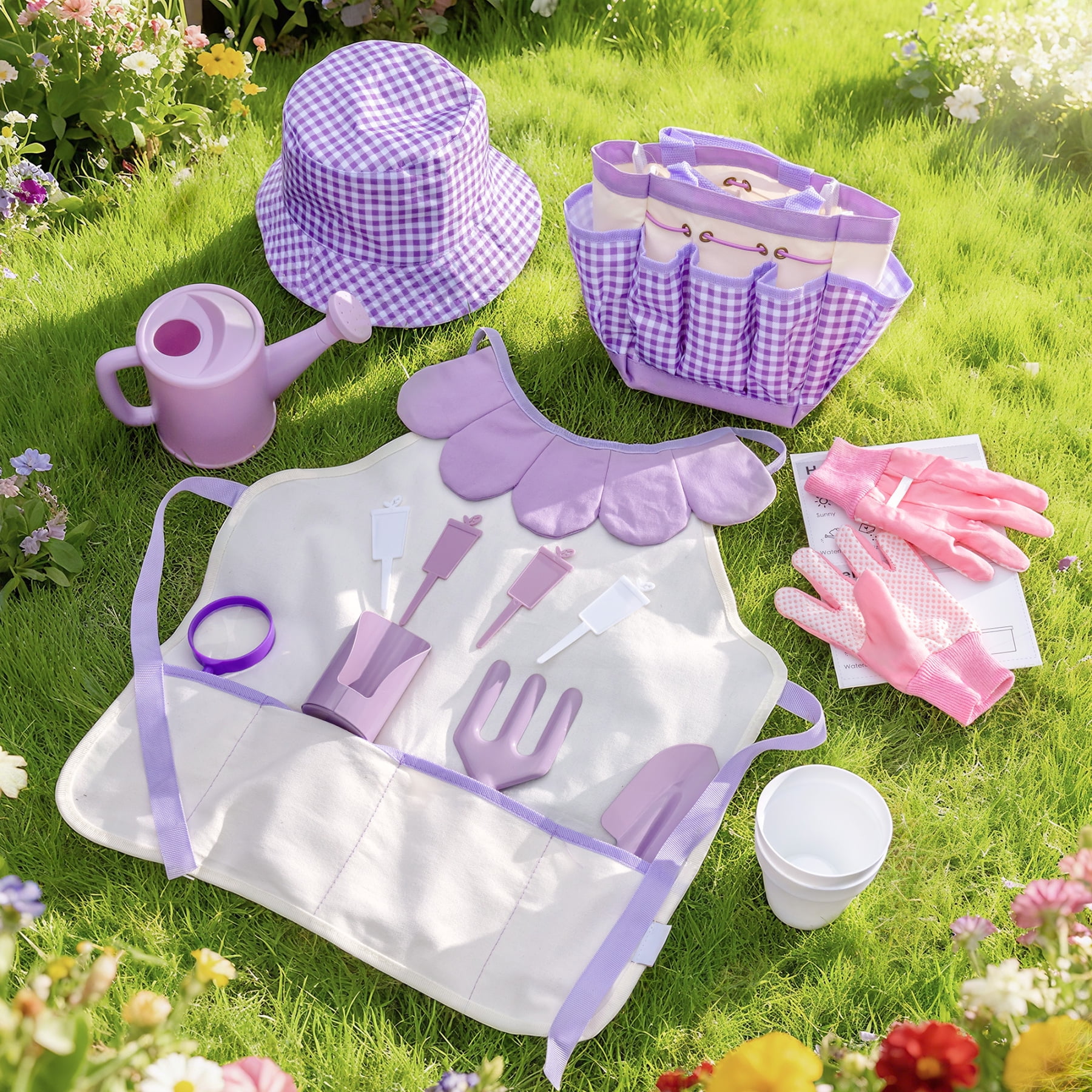 ROBUD Kids Gardening Set, 10 PCS Bow Theme Garden Tools with Shovel, fork, Sand-digging tools, Hat, Storage Bag, Apron, Waterproof Gloves– Educational Outdoor Toy Gift for Girls and Toddlers (Purple)