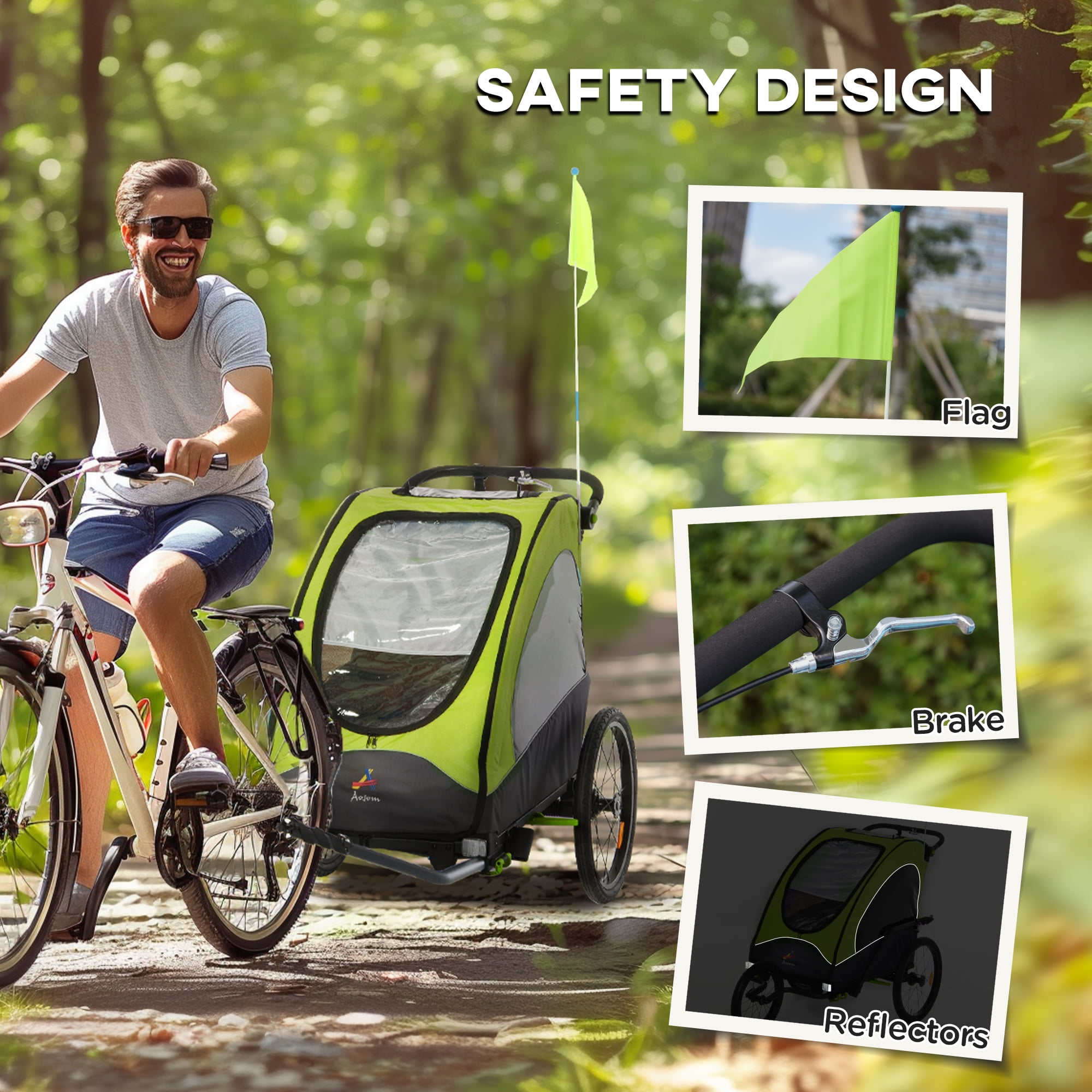 Aosom 3 In 1 Kids Bike Trailer Foldable Jogger Stroller with Shock Absorber Adjustable Handlebar Green Gray Walmart