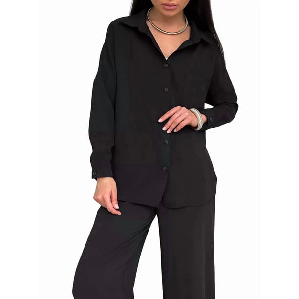 Conjuntos de 2 Piezas para Mujer: Conjuntos Casuales de Salón, Camisas de Larga con Botones y Pantalones de Pierna Negro L