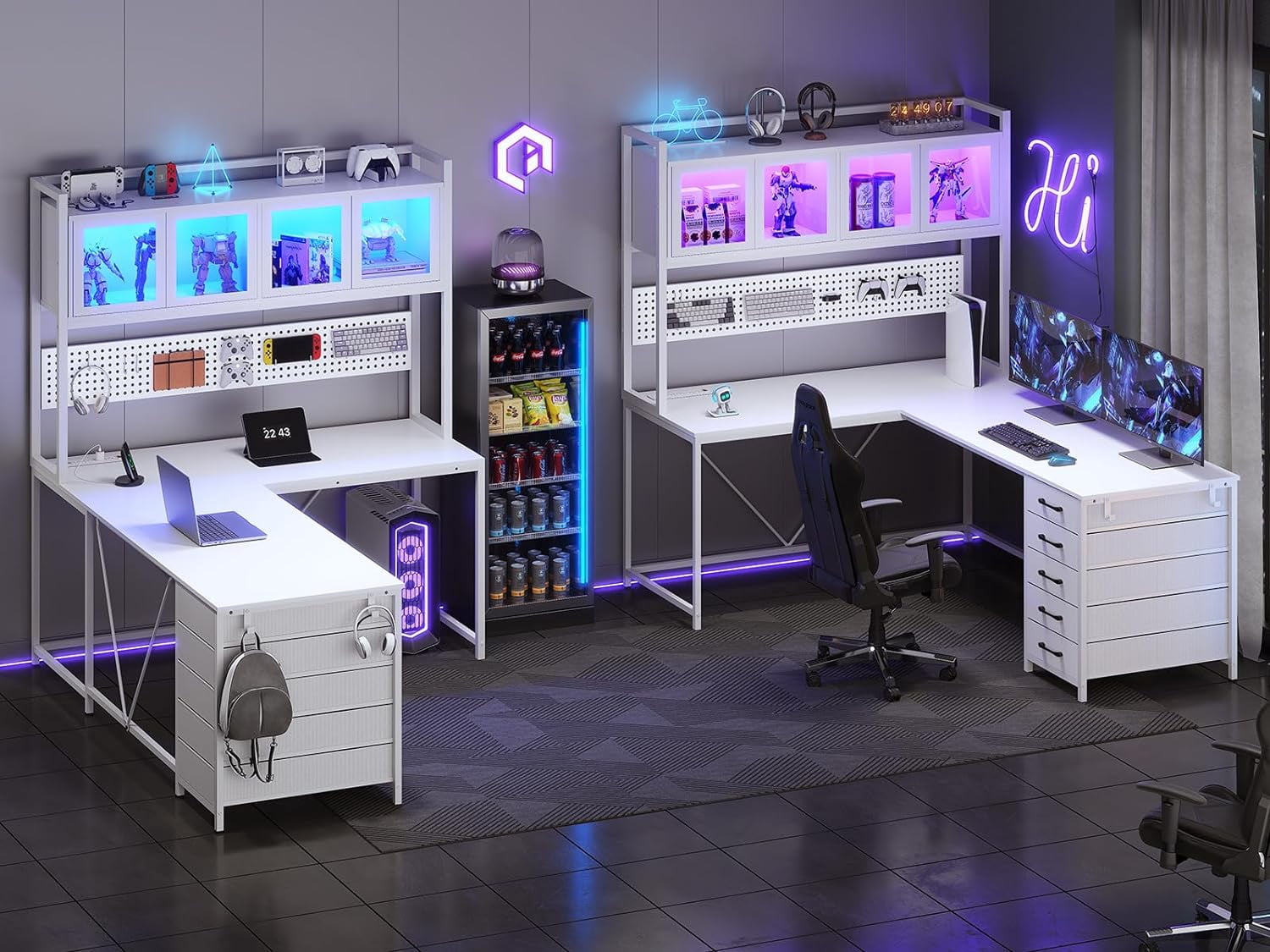 L-Shaped Computer Desk with LED Strips&Display Cabinet Reversible Gaming Desk with Power Outlets/5 Drawers/Pegboard for Office, White