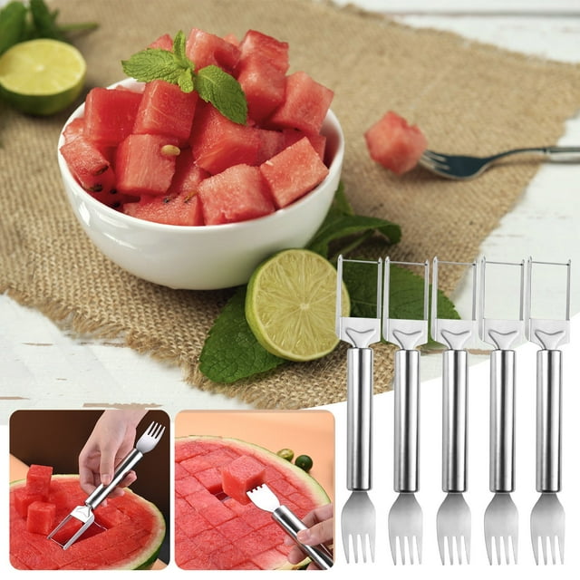 pstuiky Cortador de sandía multifuncional de acero inoxidable|tenedor para sandía|divisor de sandía|bloque de corte|herramienta para cortar sandía|tenedor para frutas con mango de tubo redondo