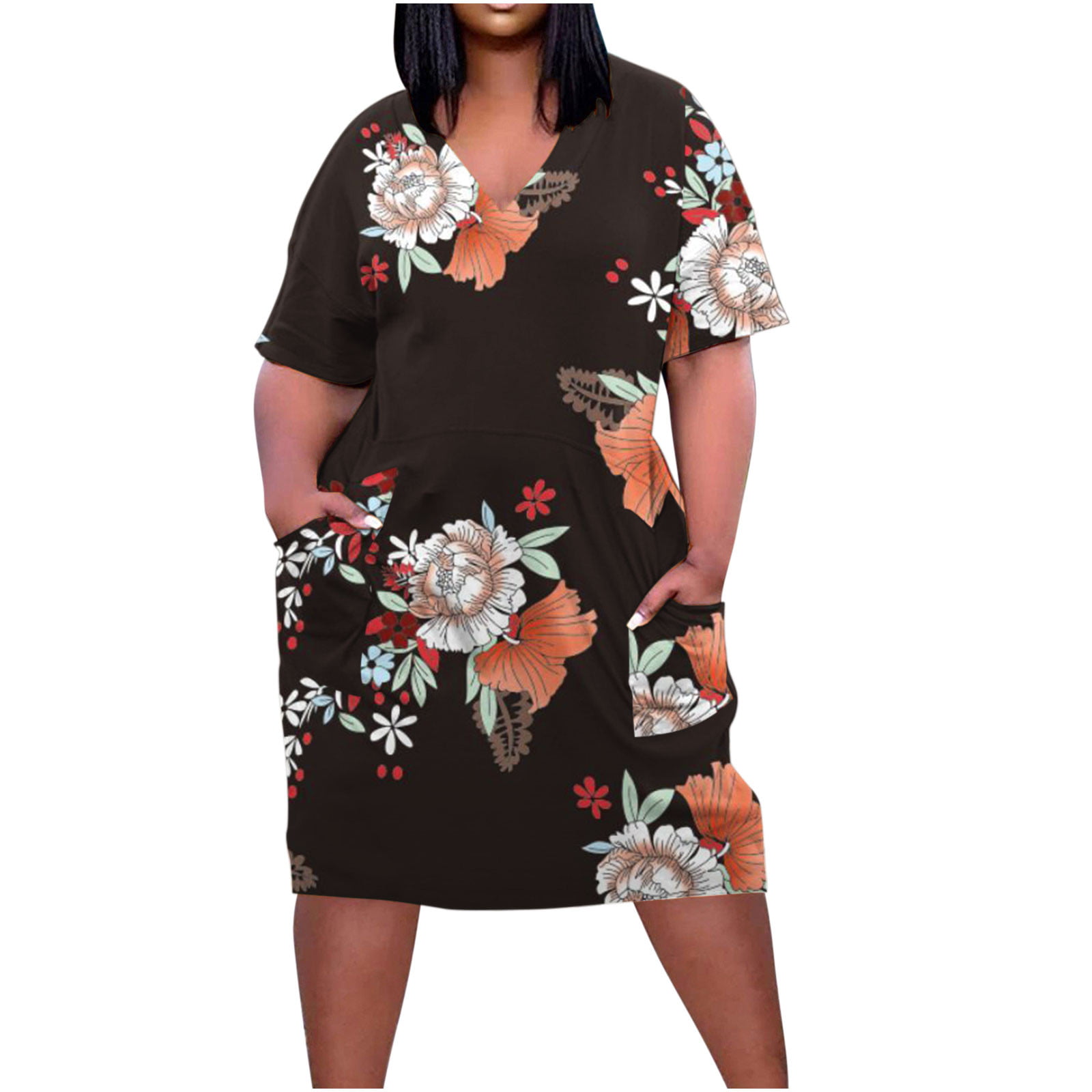 Fatuov Summer Dresses for Women 2023 Plus Size Casual Sexy V Neck Short Sleeve with Pocket Coffee 4X - Walmart.com
