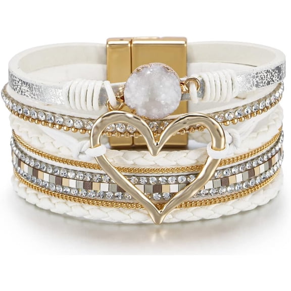 Soleilie Leopard Bracelet for Women, Boho Leather Wrap Multi-Layer Pearl Crystal Bracelet Bangle Jewelry