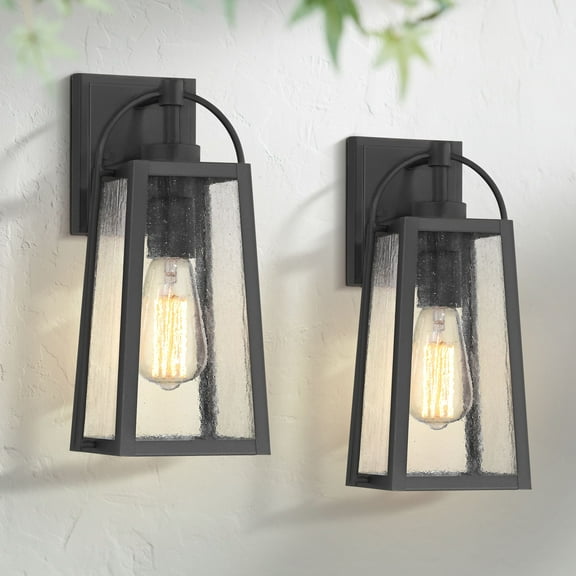 Possini Euro Design Woodley 13" High Modern Outdoor Wall Light Fixture Mount Porch House Set of 2 Sand Black Aluminum Glass Shade