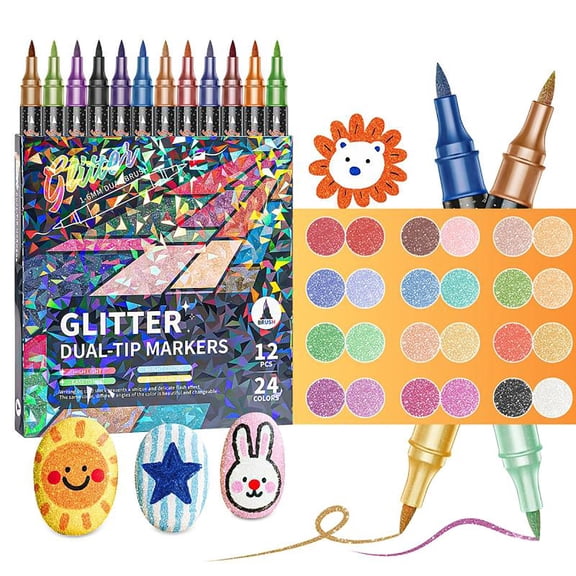 12 Pack Dual Brush Tip Glitter Markers, 24 Colors, 20ml Metallic Shimmer Paint Pens for Card Making, DIY Crafts, Graffiti, Journaling, Writing & Adult Coloring, Non-Toxic Art Supplies