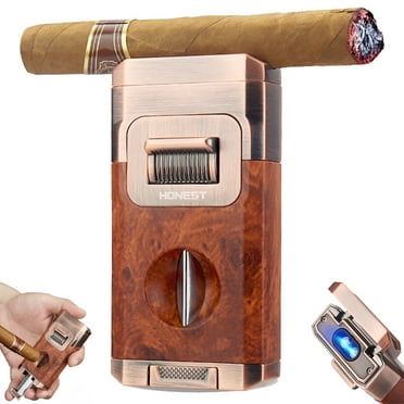 Torch Cigar Lighter with V Cut Cigar Cutter, Cigar Holder, Visible Gas Window, Windproof Double Jet Flame Refillable Butane Lighters for Cigars with Gift Box(Butane NOT Included)