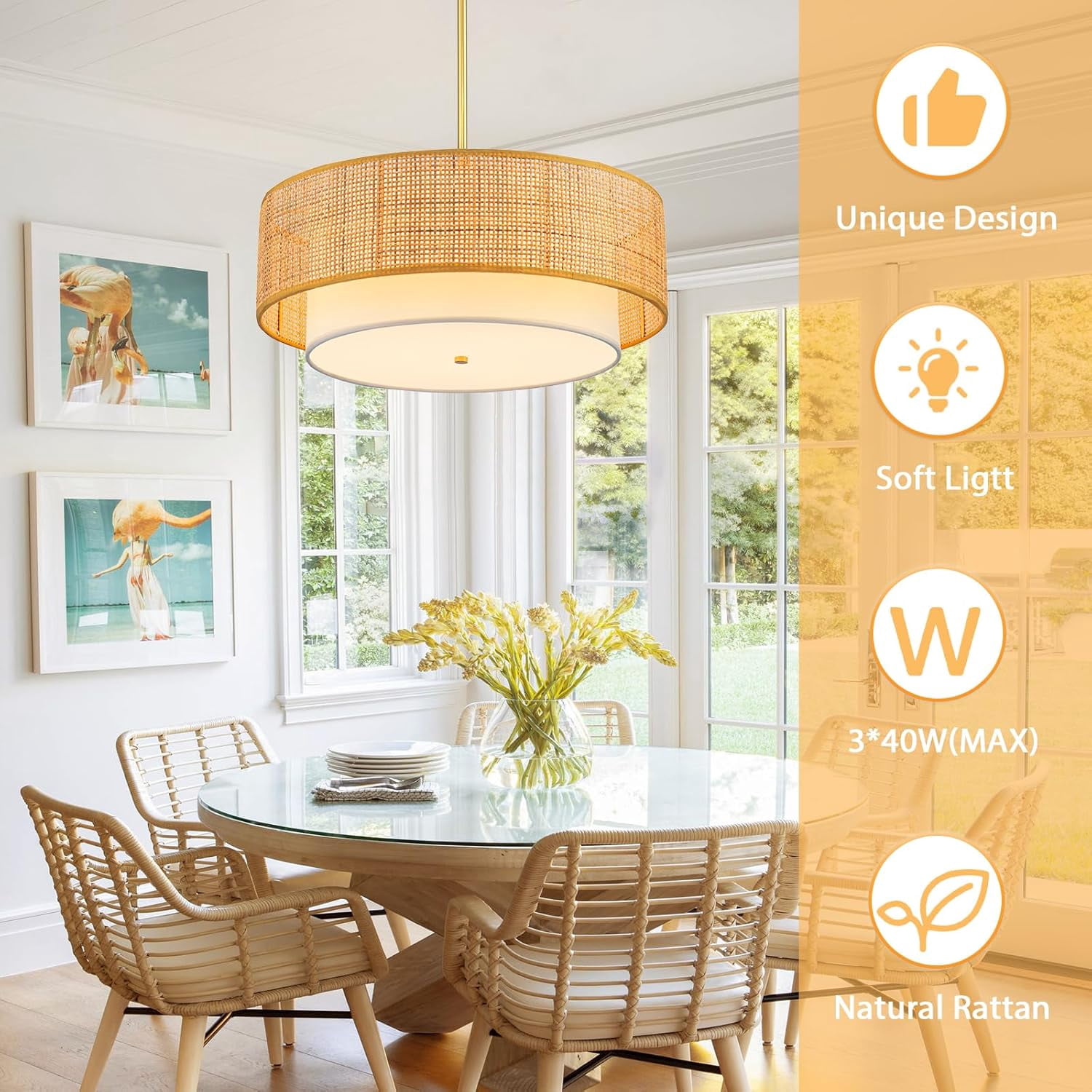 Bohemian Rattan Farmhouse Chandelier 3-Light Dimmable 18 Inch