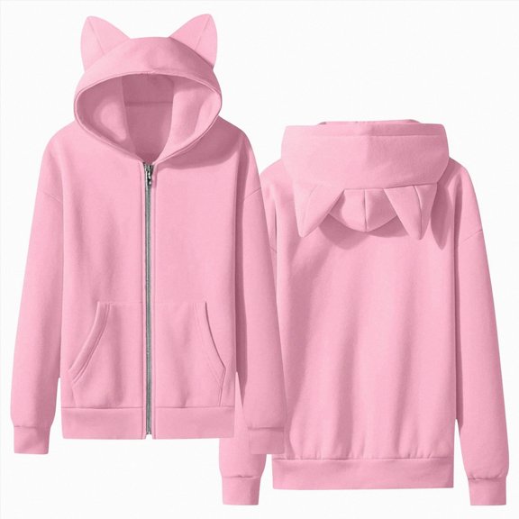9-10 Years Child Girls Zip Up Hoodies Cat Ear Oversize Hoodie Jackets Casual Long Sleeve Hood Sweatshirtst Coat Back to School Play Daily Fall Winter Wear Pink Sweatshirtst